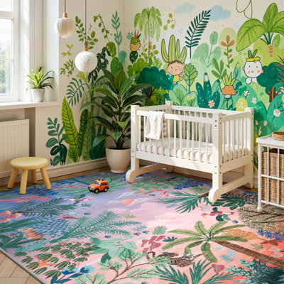 Tapis de chambre à coucher pour filles 8 x 10 lavable à la machine, tapis doux ultra-fin pour le salon, tapis jungle pour chambre d'enfant