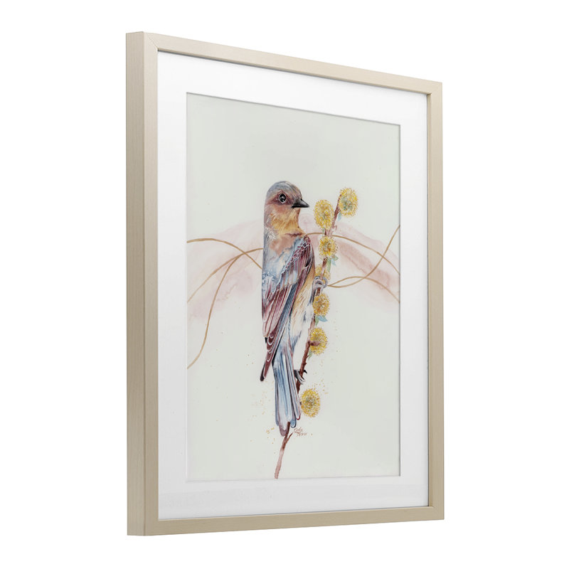 Bird & Yellow Puffy Flowers Framed Print Under Glass, design by Cady Driver, 16" H x 13" W, Harvest Pine Frame