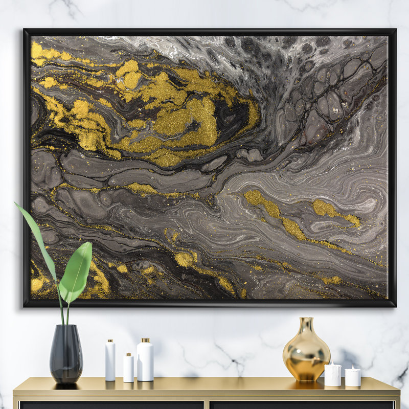 Marbre naturel doré et gris-reproduction d’art sur toile, H 24 po x l 36 po x P 1 po, Cadre flottant noir