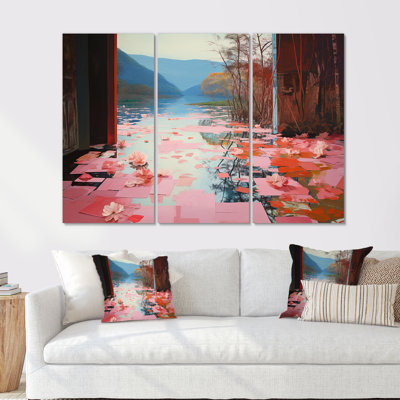 Ensemble de salon mural Serene Pink Lotus Lake - paysage abstrait
