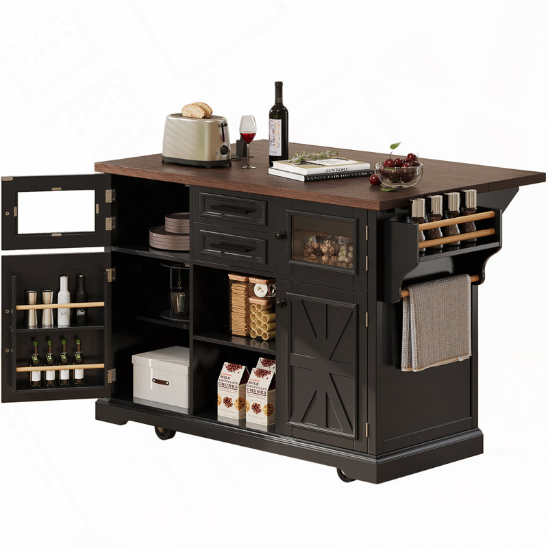 Kitchen Island with Drop Leaf, Power Outlet,4 Door Shelves, Black