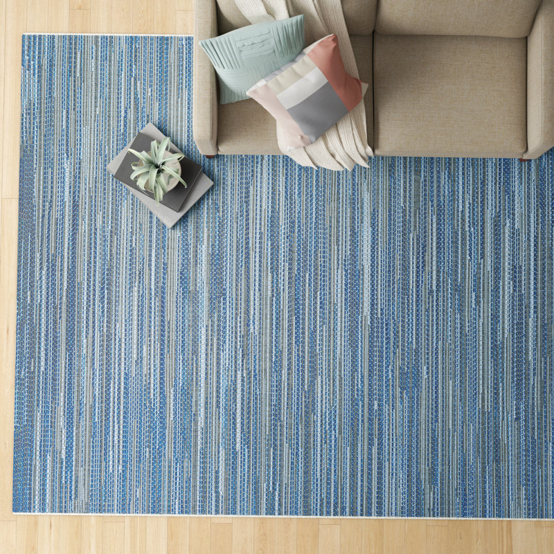 Radley Stripe Ocean Blue Champagne Indoor Outdoor Area Rug, Rectangle 8'6" x 13'