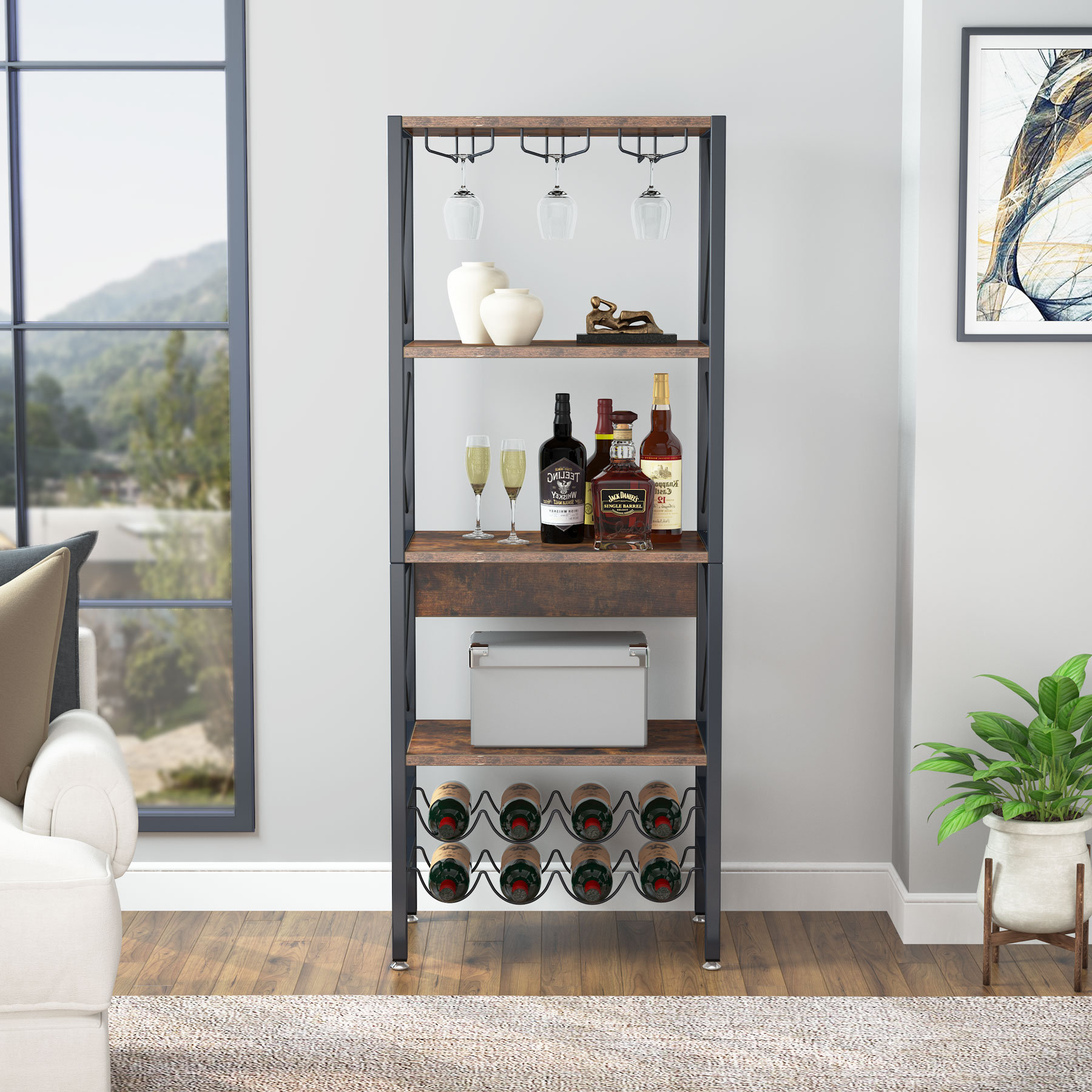 17 Stories 8 Bottle Floor Wine Bottle & Glass Rack | Wayfair