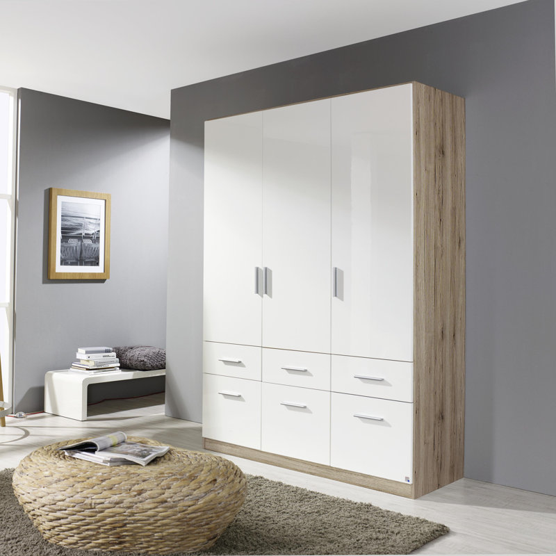 Celle 3 Door Wardrobe, High Gloss White and Sonoma Oak