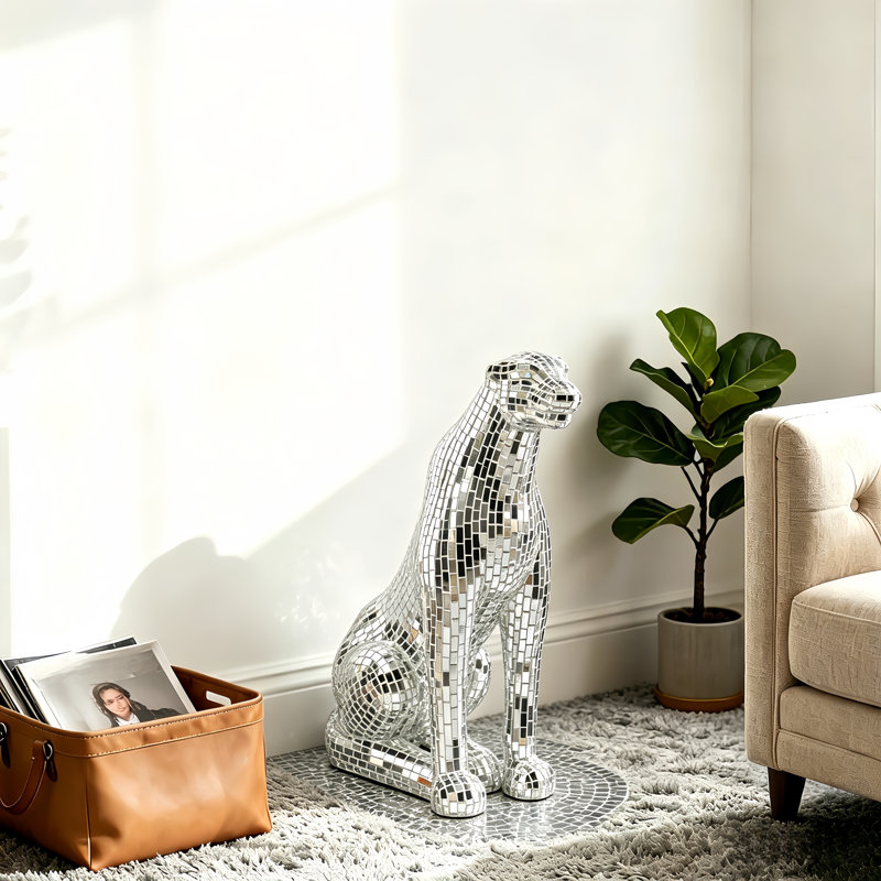 Figurines et sculptures de panthères assises argentées de 80 cm (31,25 po) avec finition mosaïque miroir, décoration intérieure
