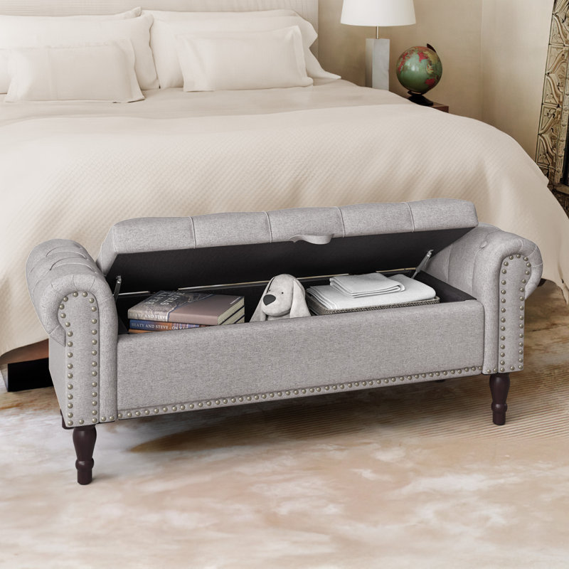 Banc de rangement rembourré Dawsey, H 19,6 po x l 50,7 po x P 17,1 po, Lin gris pâle