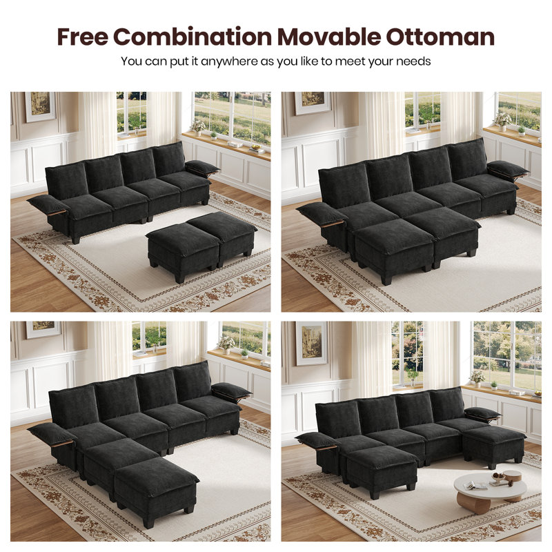 122" Waterproof Chenille U-shape Sofa With Collapsible Table, 4-seat Sectional Upholstered Couch With Two Ottomans For Living Room, Apartment
