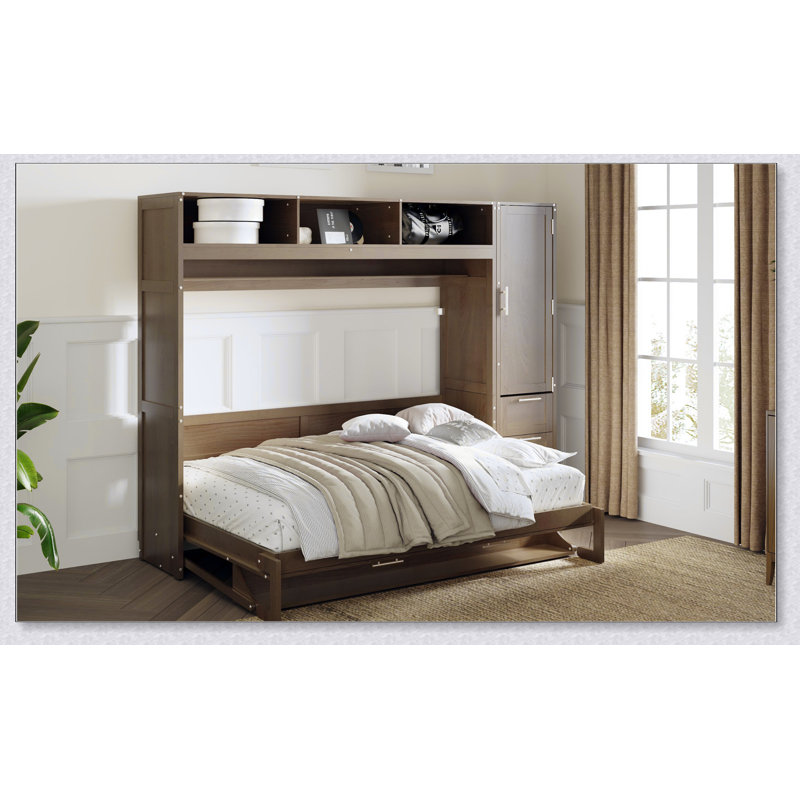 Lit escamotable double avec garde-robe, tiroirs et tablettes ouvertes