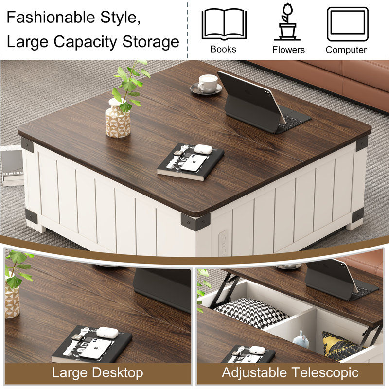 White and Brown Square Lift-Top Coffee Table with Storage