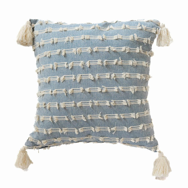 Coussin avec pampilles, Bleu / Crème, Carrée, H 18 po x l 18 po