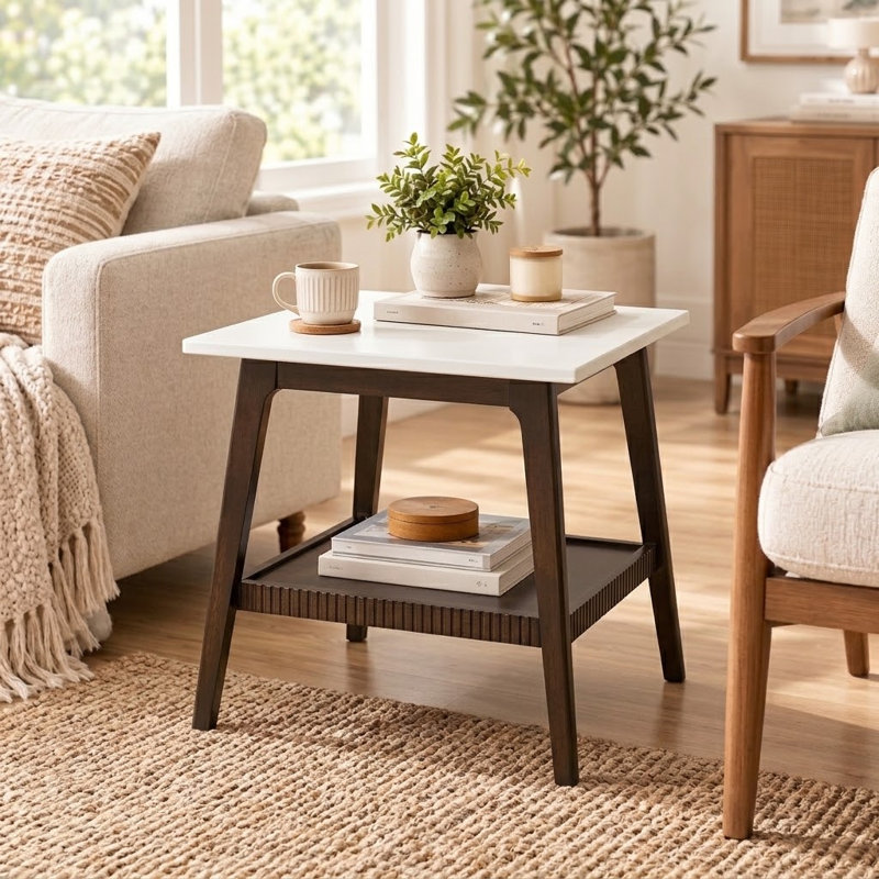 Table de bout carrée en bois massif avec tablette de rangement, White
