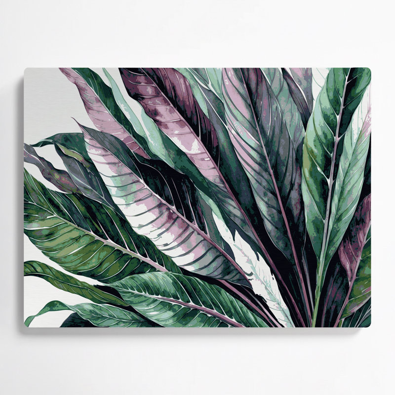 Art mural botanique en métal gris Calathea, H 11 po x l 14 po