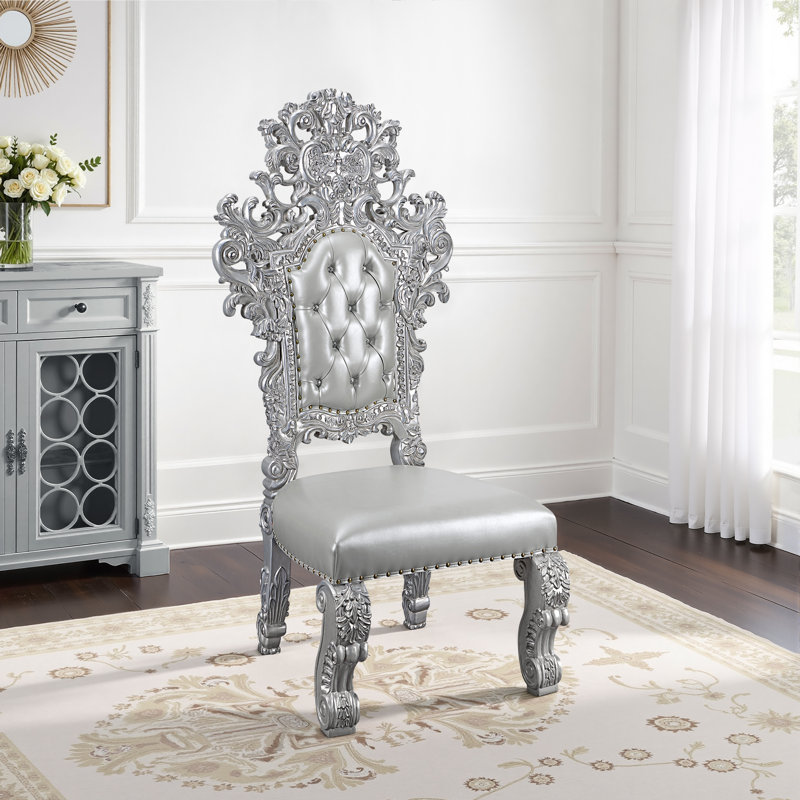 Chaise d'appoint (lot de 2), cuir synthétique, finition platine antique, capitonnage à volutes