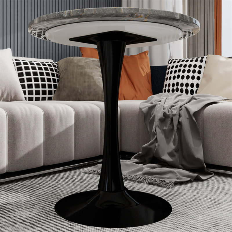 Table d'appoint ronde en marbre avec base piédestal conique, idéale pour le salon, design minimaliste moderne, Noyer / noir