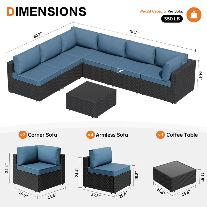 Ensemble de conversation d'extérieur en rotin pour 6 personnes avec coussins, Marine, Noir