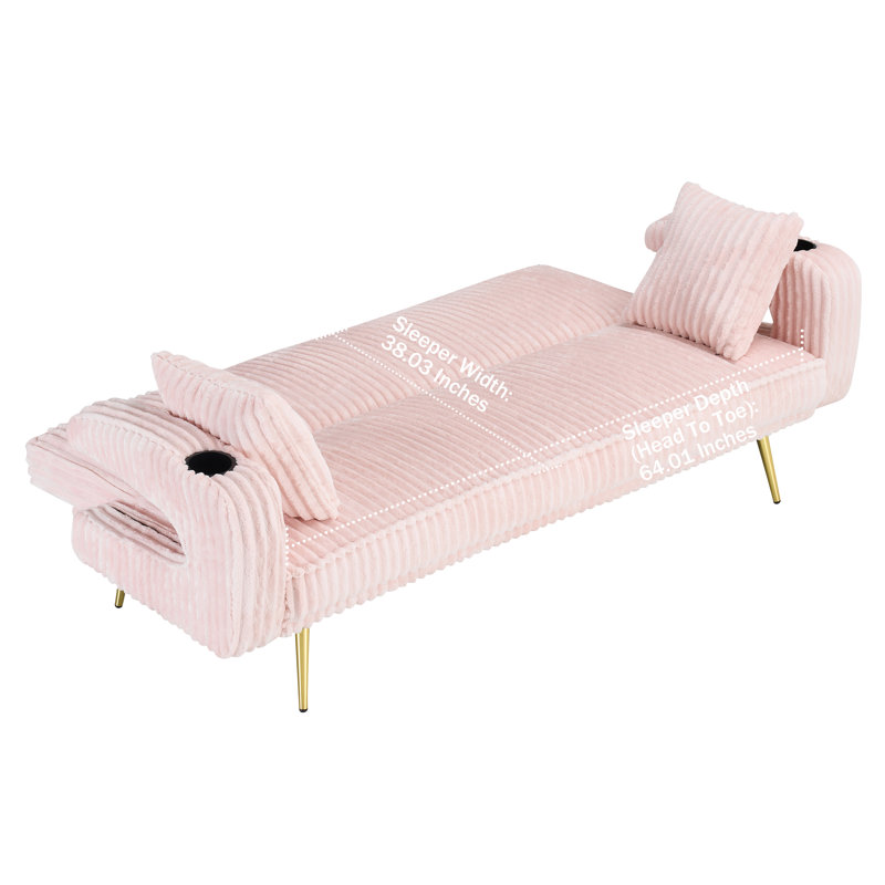Corduroy Convertible Sleeper Sofa Couch Futon Sofa Bed with 2 Pillows and Cup Holders, Pink Corduroy