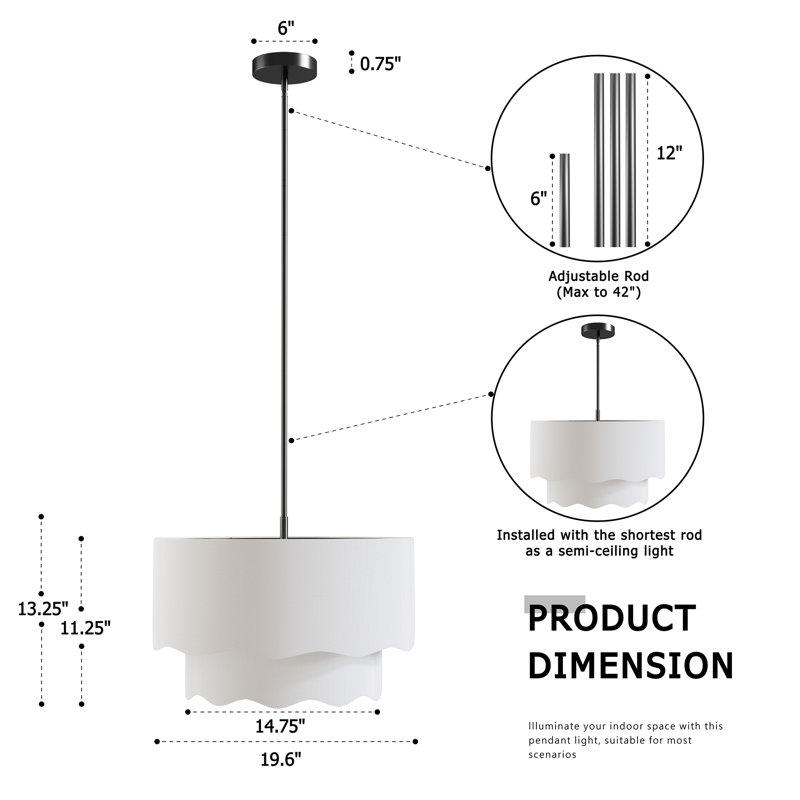 Luminaire cylindrique de style campagne moderne à 3 lumières de 20 po en laiton et blanc à hauteur réglable pour salle à manger.