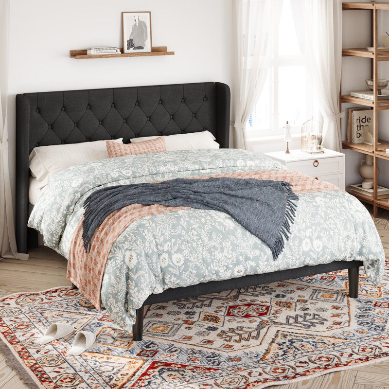 Walace Upholstered Wingback Bed, Full, Black