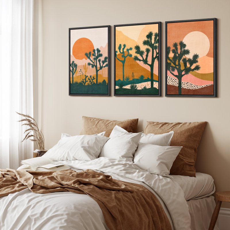 «Bright Orange Sun Desert Joshua Tree Southwestern», impression encadrée sur toile, 3 pièces, H 36 po x l 24 po