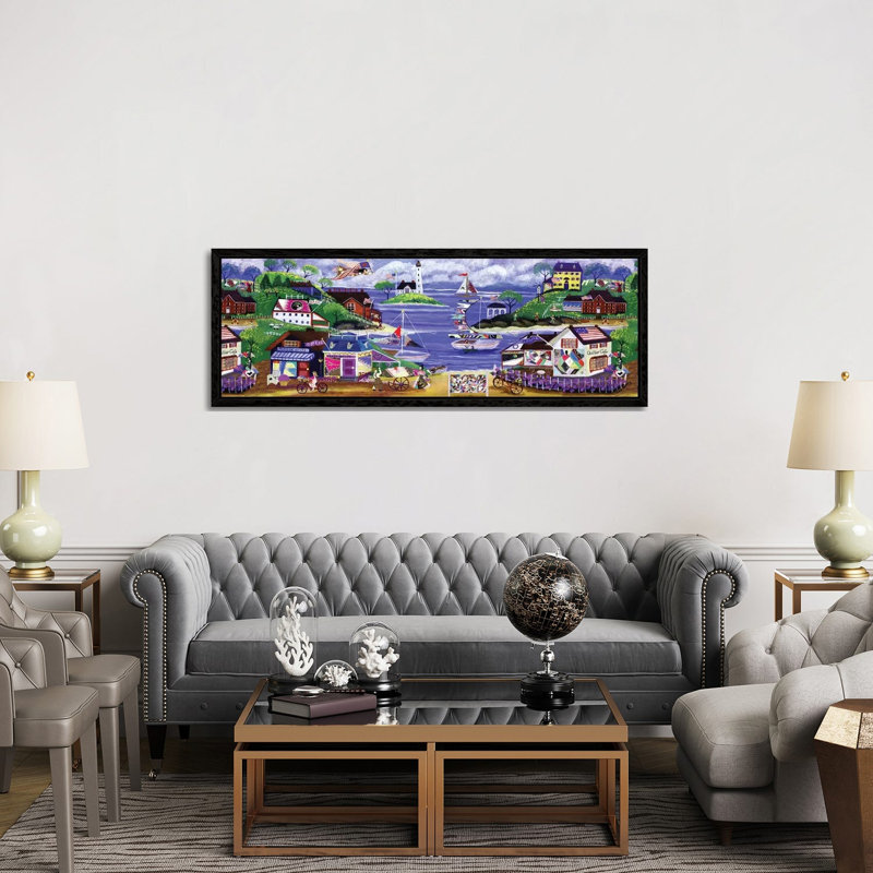Primitive American Angel And Crazy Quilt Seaside Village by Cheryl Bartley - Panoramic Painting on Canvas, Black Framed
