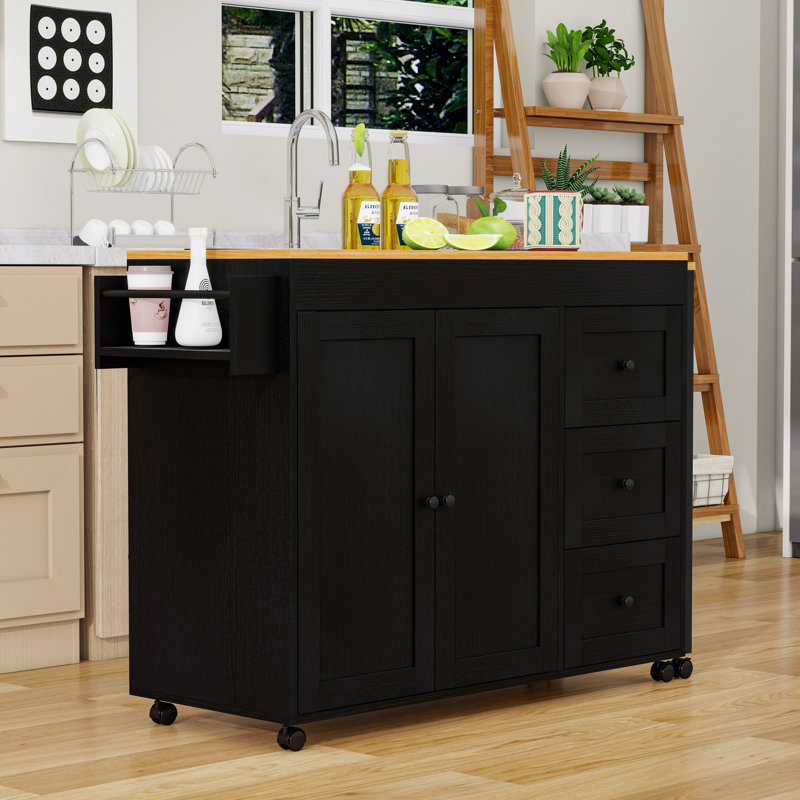 Îlot de cuisine avec table de salle à manger extensible, 3 tiroirs, prise de courant et support à épices, Noir