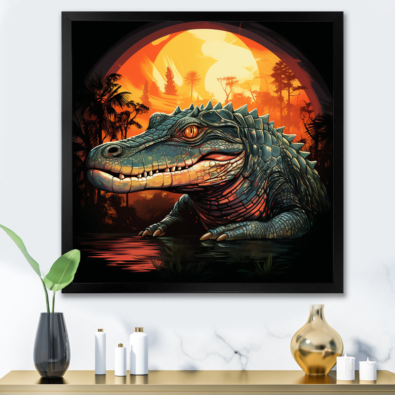 Crocodile orange et vert coucher de soleil - Art mural crocodile / alligator, Cadre photo noir, H 16 po x l 16 po x P 1 po