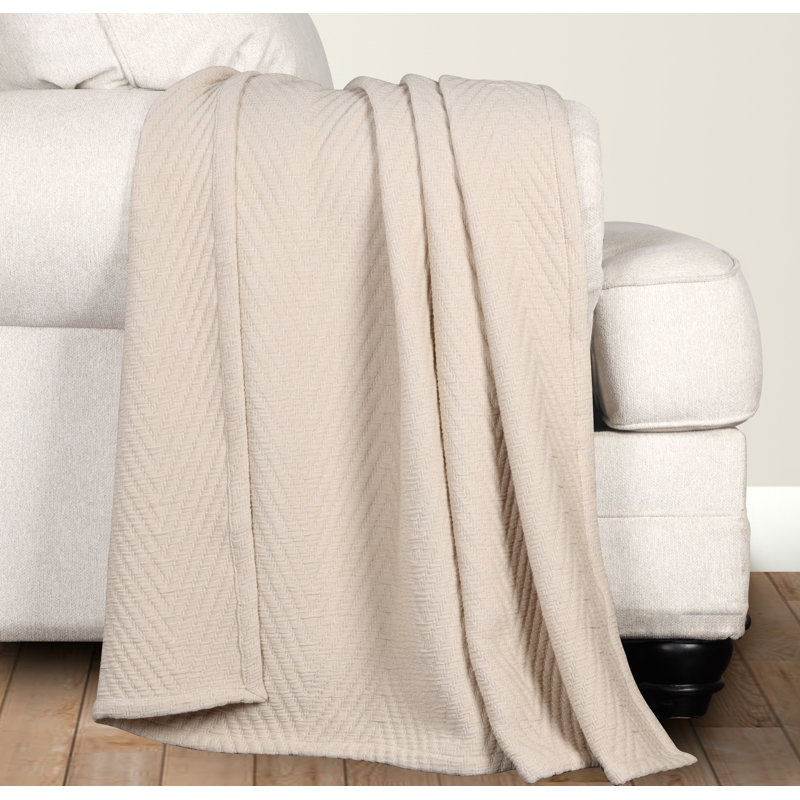 Beige Cotton Medium Weight Chevron Throw Coverlet