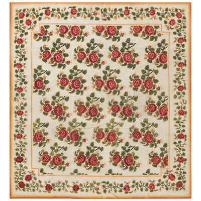 1890 Ivory Red Rose Vines Antique English Needlepoint Carpet 6'10"x7'6" Wool Rug