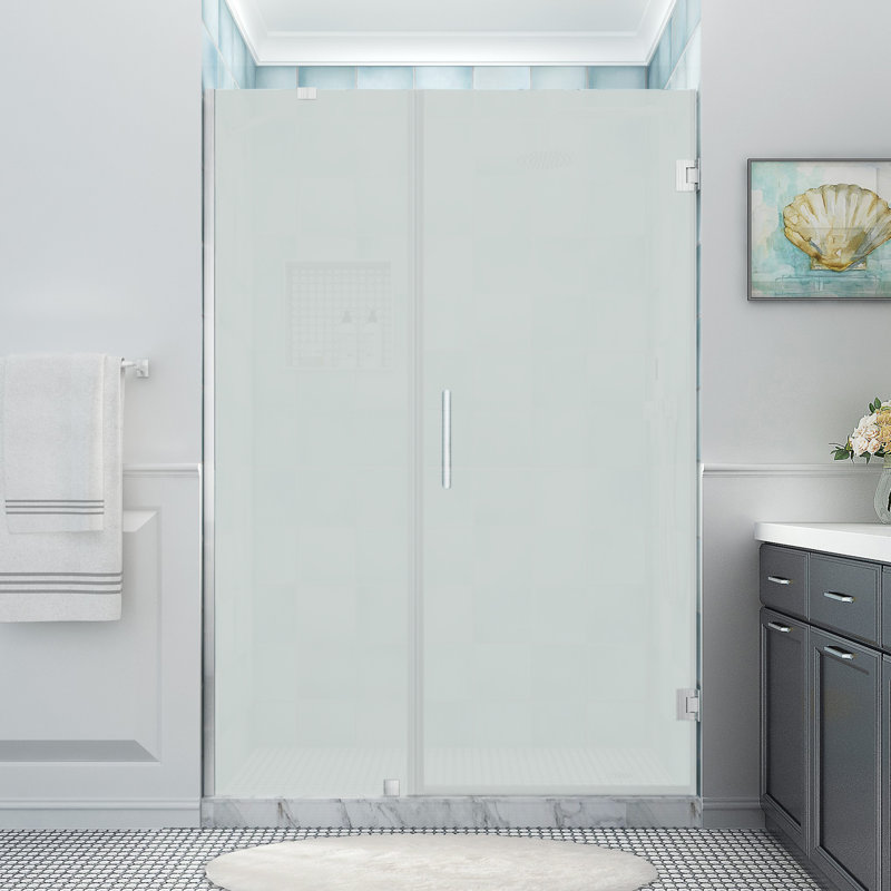 Belmore XL 53.25 - 54.25 in. x 80 in. Frameless Hinged Shower Door with Ultra-Bright Glass, Stainless Steel, Frosted Glass