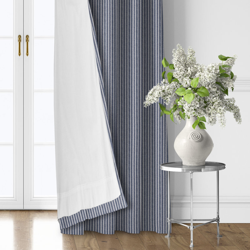 Walker Ticking Stripe Indigo/White Cotton Simple Top Pocket Drapery Panel Set of 2, 50" W x 60" L