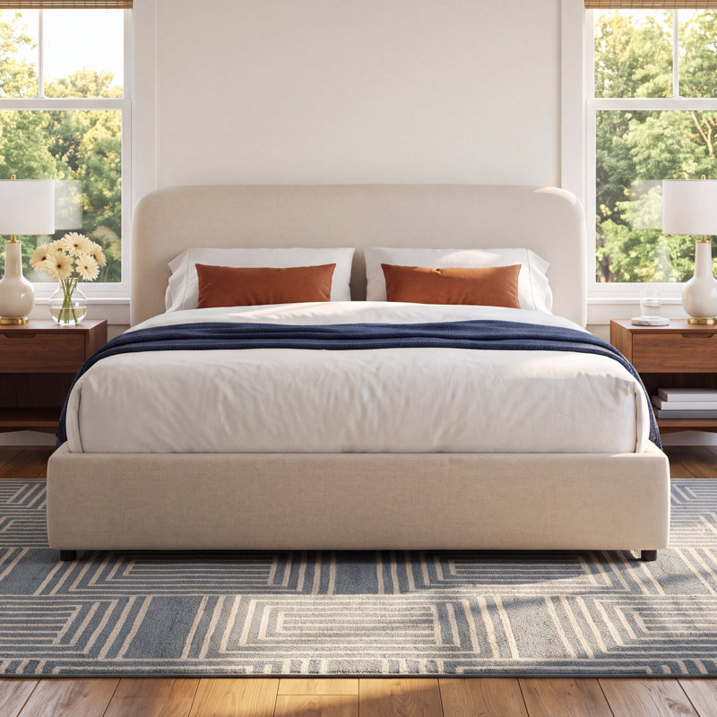 Crosby Upholstered Low Profile Platform Bed, Queen, Beige Basketweave