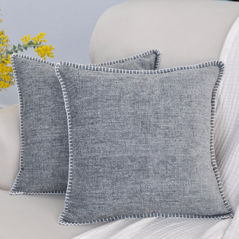 Heather Gray Chenille 16" x 16" Throw Pillow Covers with Stitched Edge (Set of 2)