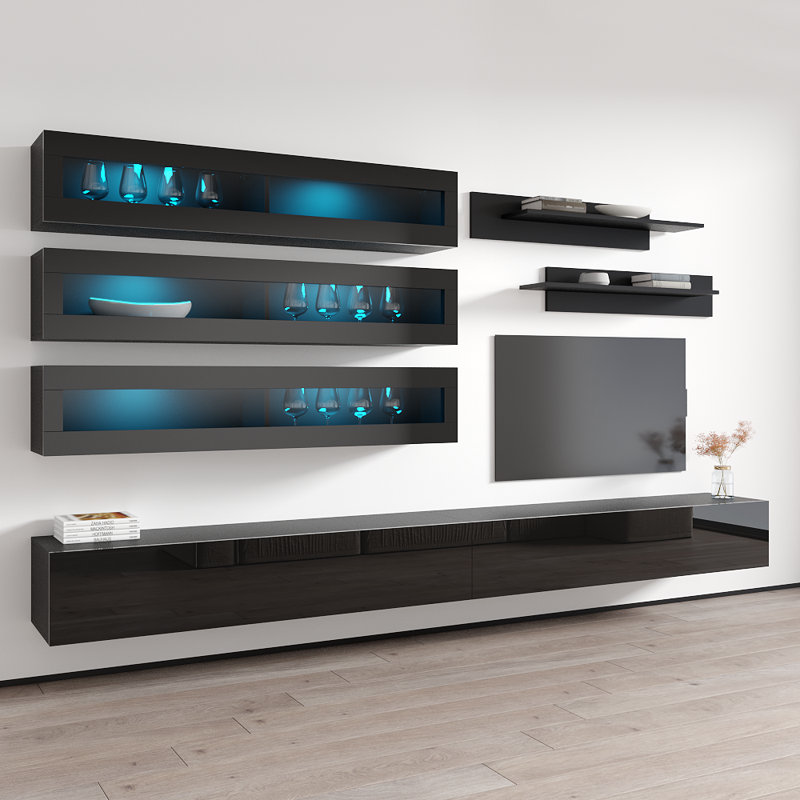 Voelker 126" Modern Floating Wall Mounted Entertainment Center with 16-Color LED Lighting, High Gloss Finish, Black