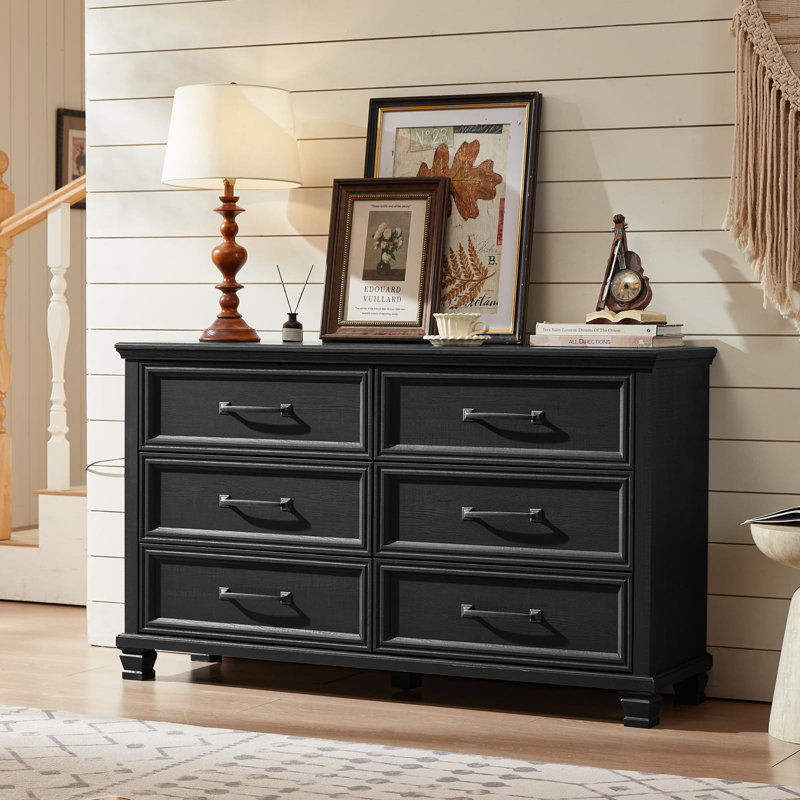 Commode 6 tiroirs Farmhouse noir pour chambre à coucher, grande commode rétro de 54 pouces de large avec pieds carrés en bois, console télé rustique pour le salon, commodes de rangement en bois pour la maison