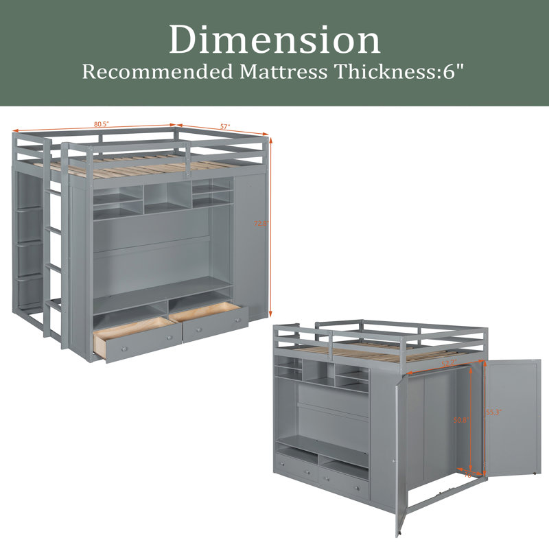 Lit mezzanine double avec tiroirs et tablettes, Gris