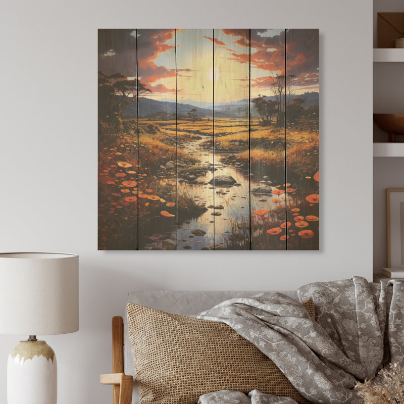 «Neo Expressionism Harmony Of River» - art mural en bois néo-expressionniste sur bois de pin naturel, H 15 po x l 15 po