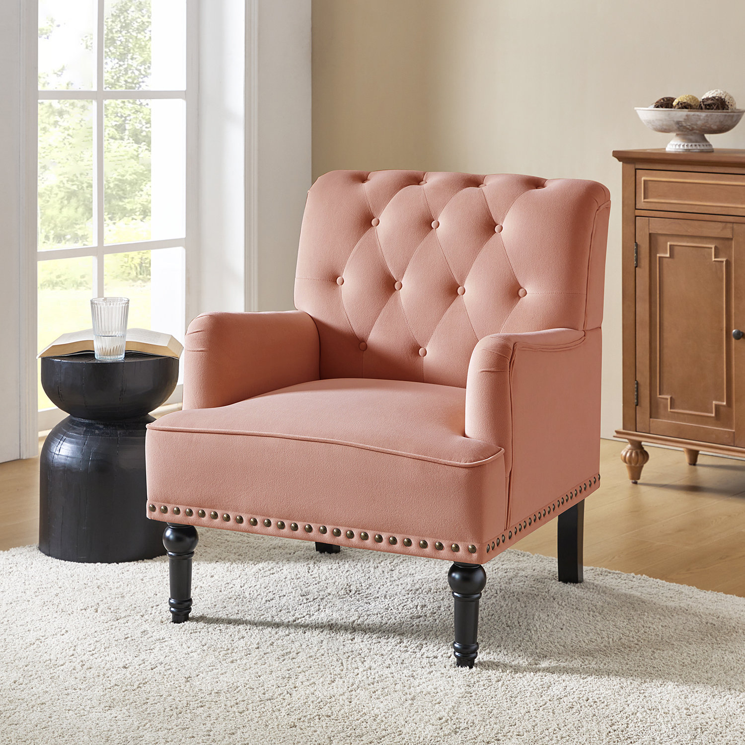 Jakub 28.5" W Velvet Tufted Polyester Armchair with Nailhead Trim