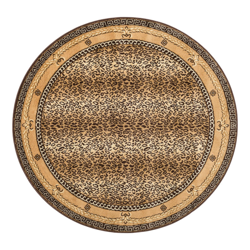 Round Ivory and Brown Synthetic Animal Print Rug