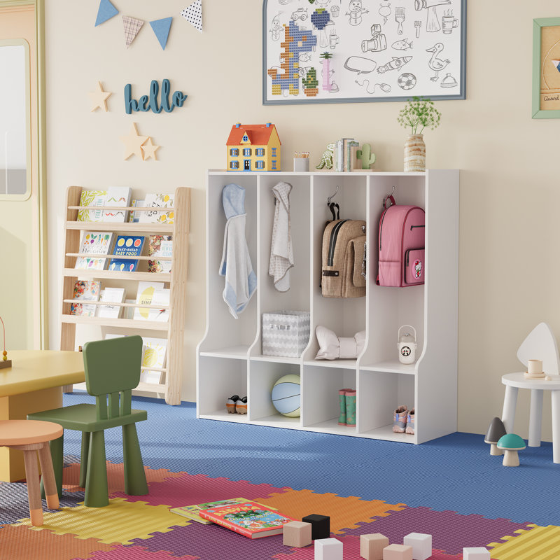 Casier de vestiaire de classe à 4 sections avec 4 casiers, organisateur de rangement pour casiers de garderie avec 8 crochets pour la maison, l'école, la maternelle, le blanc