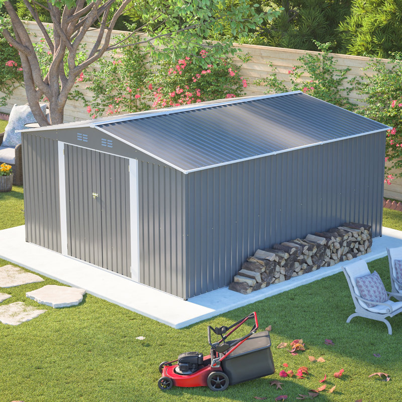 [Remise de rangement extérieure en métal gris clair de 12 pi x 14 pi] - Grande remise à outils de jardin avec portes doubles verrouillables | Imperméable pour la cour, le patio et le bâtiment de la cour