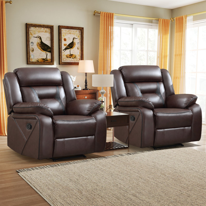 39.4''Wide Classic Vegan Leather Soft Manual Recliner (Set of 2), Dark Brown