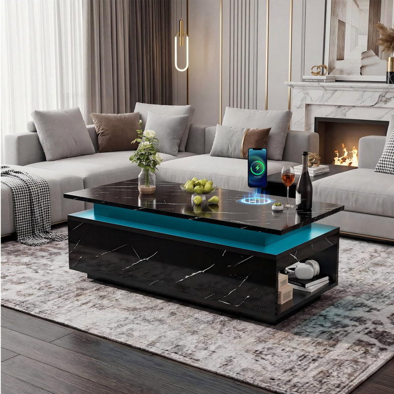 Table basse à DEL 47,2 po avec rangement, table basse intelligente avec chargement sans fil et haut-parleur Bluetooth, table basse moderne à 2 niveaux à motif de marbre ultrabrillant pour le salon, noir