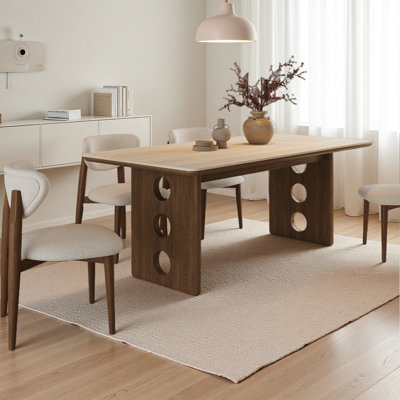 71'' Modern Travertine-Like Tabletop Dining Table With Walnut Wood Base, Rectangular Kitchen Table For 4-6 People