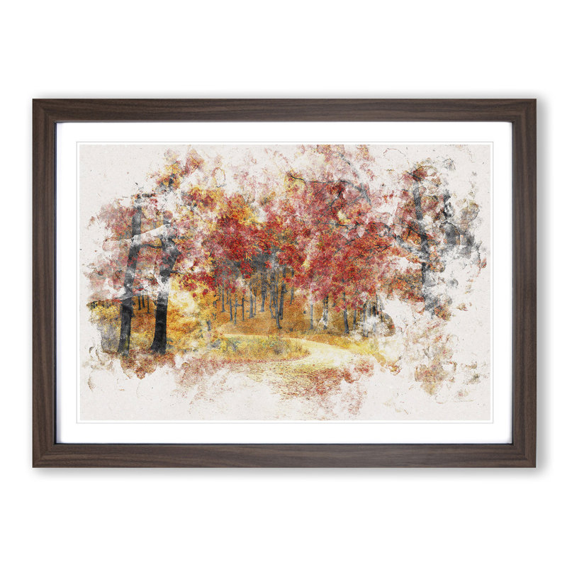 Path Through the Forest at Autumn - Picture Frame Painting Print, 45cm H x 63cm W x 2cm D, Walnut Framed