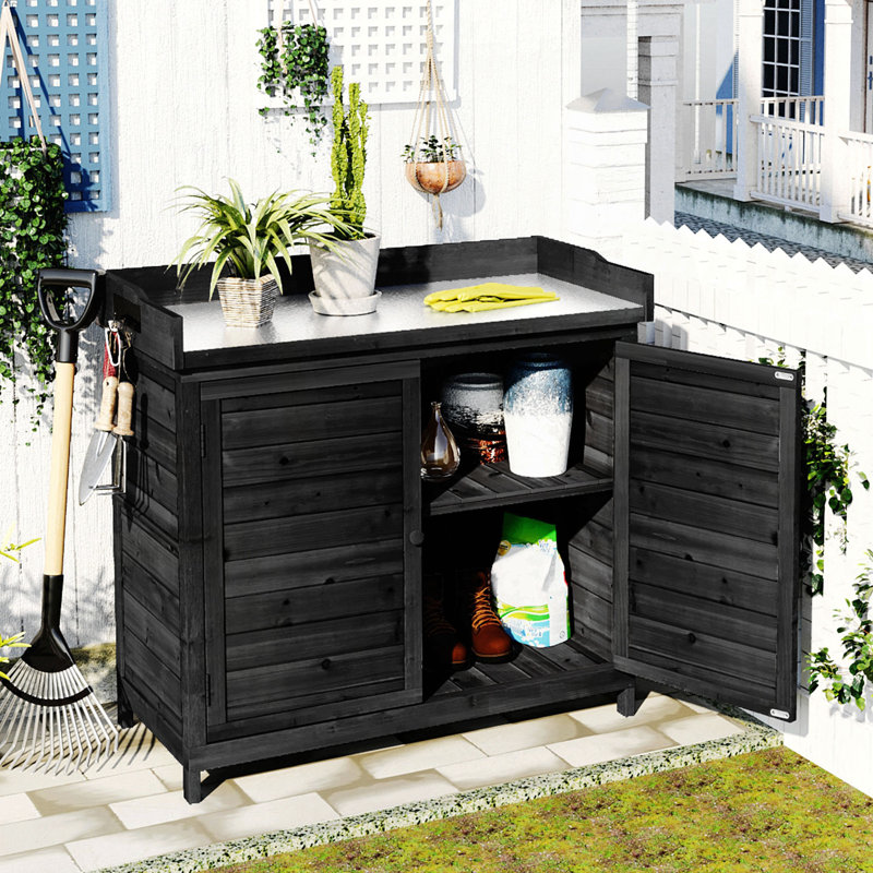 Banc de rempotage d'extérieur 39 po, abri de jardin en bois avec poste de travail rustique avec tablettes à 2 niveaux et crochet latéral