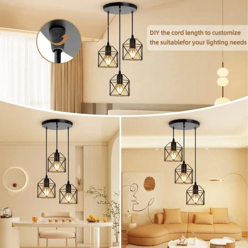 Luminaire suspendu pour îlot de cuisine à 3 lumières DEL noir mat Vibhu