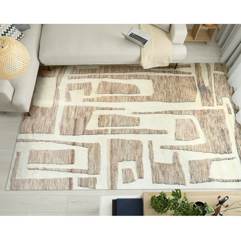 Wool Abstract Area Rug in Ivory, Rectangle 6' x 9'