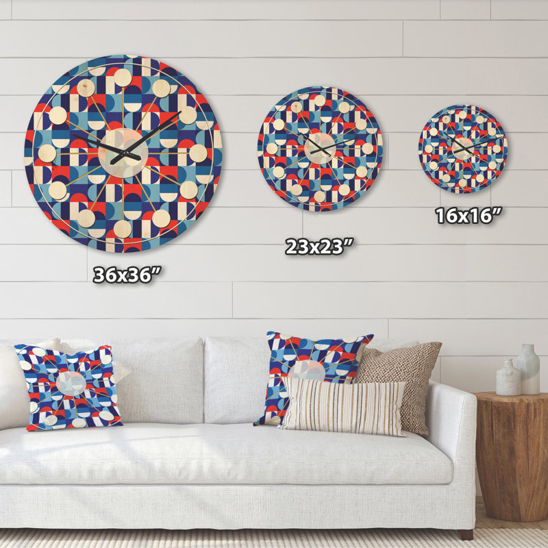 Blue, Red & White Polka Dots - Mid-Century Modern Wood Wall Clock, Large