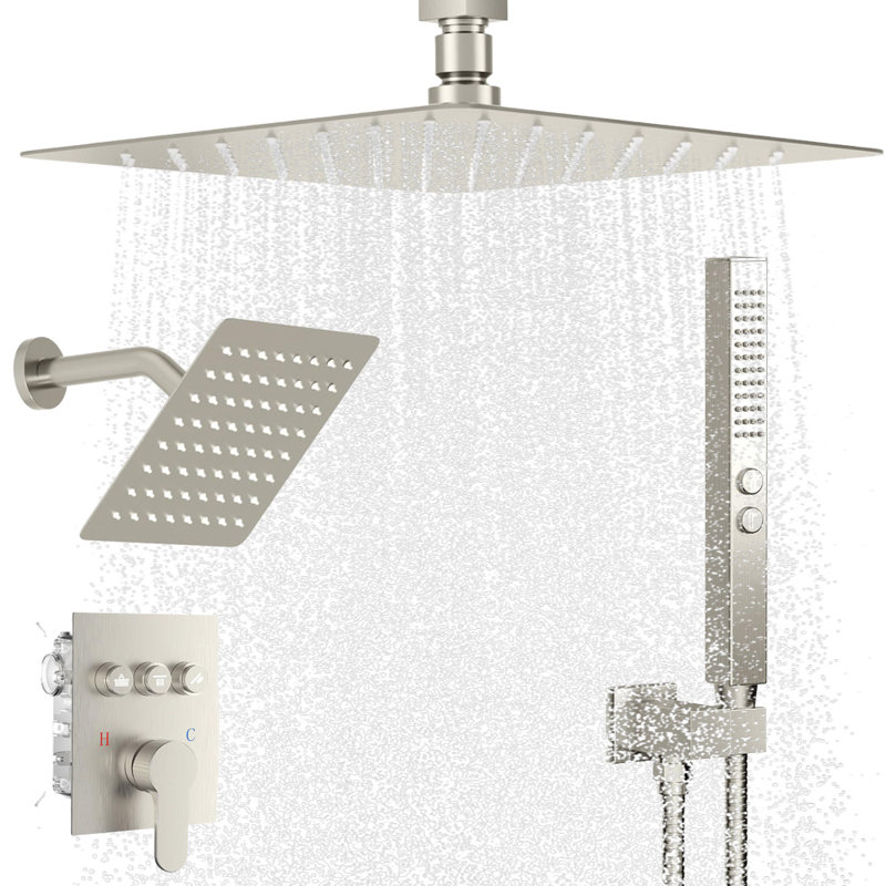Shower Systems With Rain Shower And Handheld,Dual Head 12+6" Rainfall Shower，Ceiling Mount Shower Faucet Set, Brushed Nickel