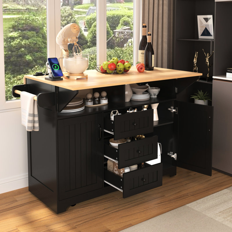 Îlot de cuisine 55,7 po avec 2 abattants, roulant, prise de courant, table de salle à manger pliante, 3 tiroirs, espace de rangement, chariot mobile noir, prise, armoire optionnelle,